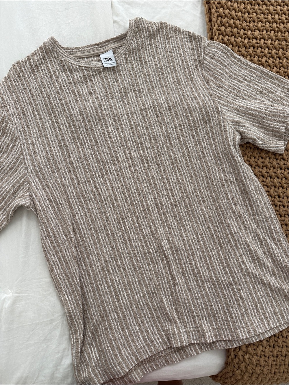 Zara Men's Taupe and White Striped Short-Sleeve Knit Shirt
